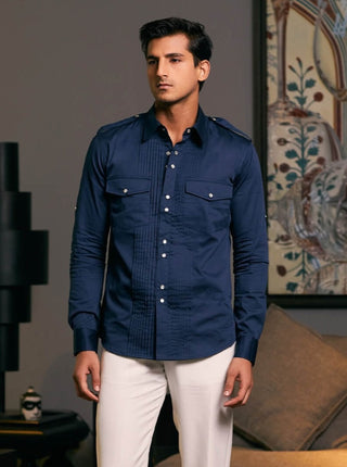 Navy Blue Cotton Satin Pintuck Shirt by Siddartha Tytler Men, available on Indiaspopup.com