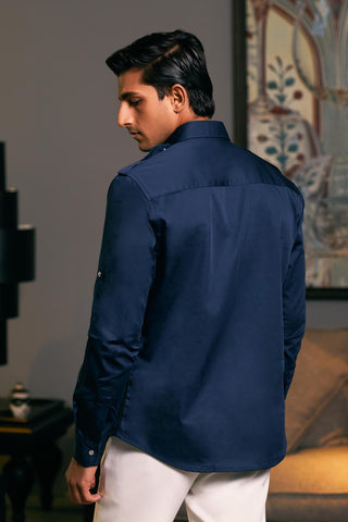 Navy Blue Cotton Satin Pintuck Shirt by Siddartha Tytler Men, available on Indiaspopup.com