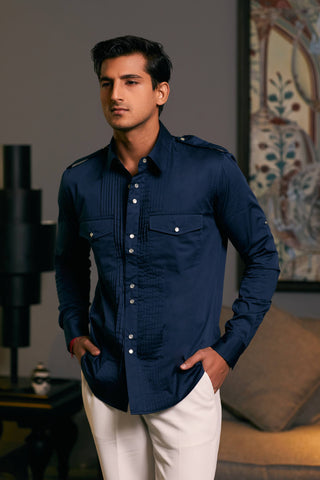 Navy Blue Cotton Satin Pintuck Shirt by Siddartha Tytler Men, available on Indiaspopup.com