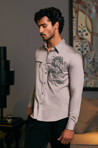 Steel Embroidered Dragon Shirt by Siddartha Tytler Men, available on Indiaspopup.com