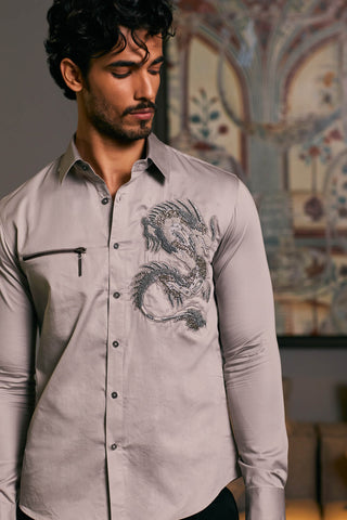 Steel Embroidered Dragon Shirt by Siddartha Tytler Men, available on Indiaspopup.com