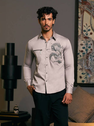 Steel Embroidered Dragon Shirt by Siddartha Tytler Men, available on Indiaspopup.com