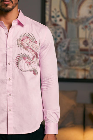 Pink Embroidered Dragon Shirt by Siddartha Tytler Men, available on Indiaspopup.com