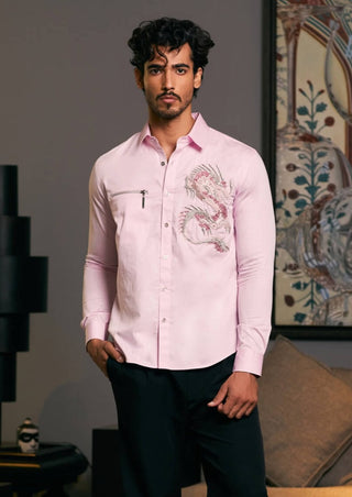 Pink Embroidered Dragon Shirt by Siddartha Tytler Men, available on Indiaspopup.com