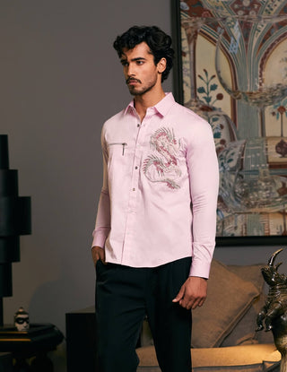 Pink Embroidered Dragon Shirt by Siddartha Tytler Men, available on Indiaspopup.com