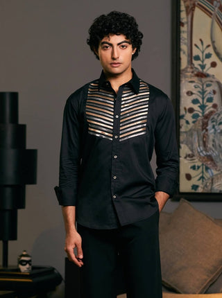 Black Metallic Strip Shirt by Siddartha Tytler Men, available on Indiaspopup.com