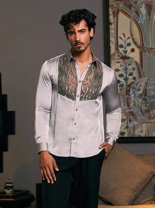 Steel Tuxedo Yoke Shirt by Siddartha Tytler Men, available on Indiaspopup.com