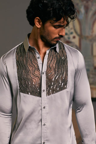 Steel Tuxedo Yoke Shirt by Siddartha Tytler Men, available on Indiaspopup.com