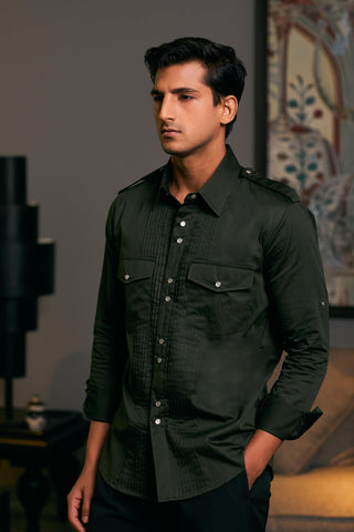 Olive Cotton Satin Pintuck Shirt by Siddartha Tytler Men, available on Indiaspopup.com