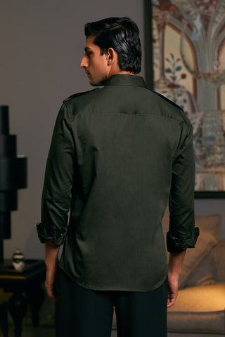 Olive Cotton Satin Pintuck Shirt by Siddartha Tytler Men, available on Indiaspopup.com