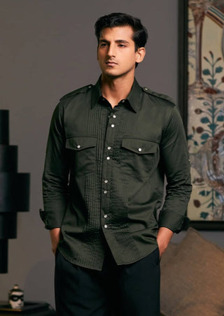 Olive Cotton Satin Pintuck Shirt by Siddartha Tytler Men, available on Indiaspopup.com