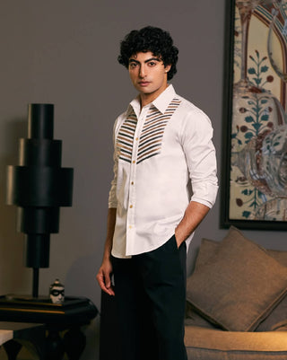 Ivory Metallic Strip Shirt by Siddartha Tytler Men, available on Indiaspopup.com