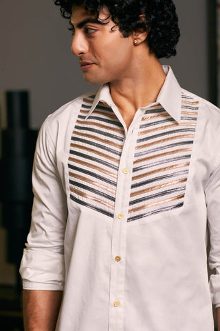 Ivory Metallic Strip Shirt by Siddartha Tytler Men, available on Indiaspopup.com