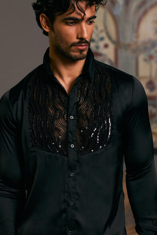 Black Tuxedo Yoke Shirt by Siddartha Tytler Men, available on Indiaspopup.com