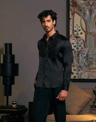 Black Tuxedo Yoke Shirt by Siddartha Tytler Men, available on Indiaspopup.com