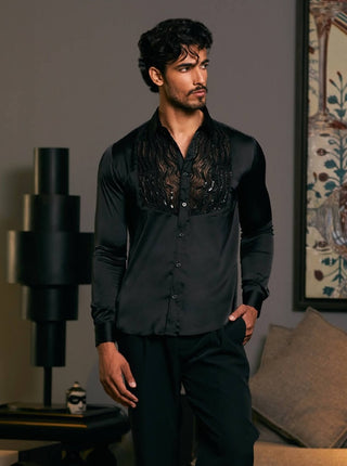 Black Tuxedo Yoke Shirt by Siddartha Tytler Men, available on Indiaspopup.com