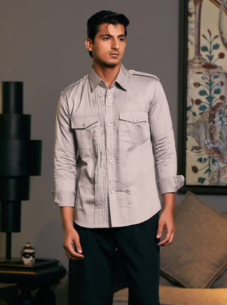 Steel Cotton Satin Pintuck Shirt by Siddartha Tytler Men, available on Indiaspopup.com