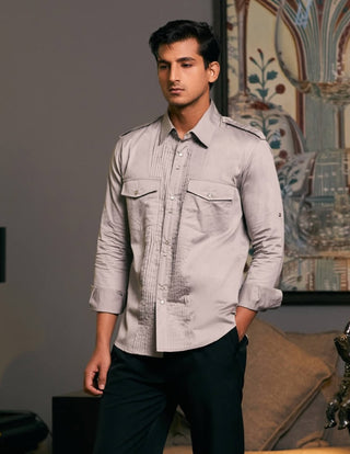 Steel Cotton Satin Pintuck Shirt by Siddartha Tytler Men, available on Indiaspopup.com