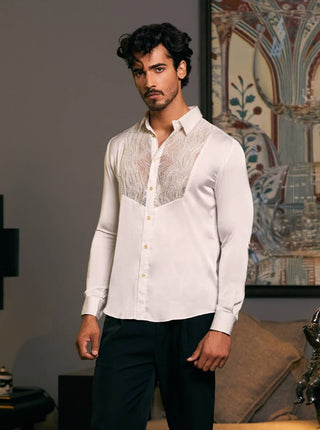 Ivory Tuxedo Yoke Shirt by Siddartha Tytler Men, available on Indiaspopup.com