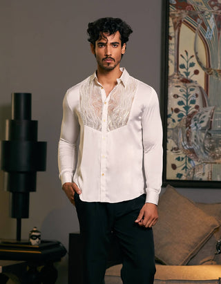 Ivory Tuxedo Yoke Shirt by Siddartha Tytler Men, available on Indiaspopup.com