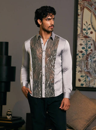 Steel Embroidered Tuxedo Panel Shirt by Siddartha Tytler Men, available on Indiaspopup.com