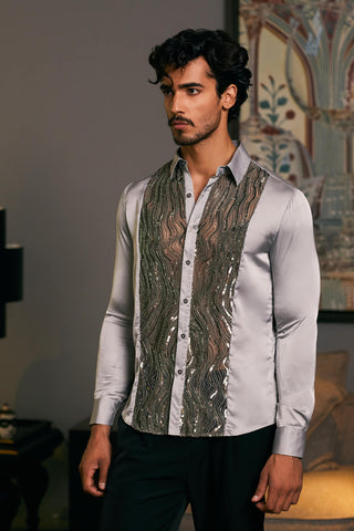 Steel Embroidered Tuxedo Panel Shirt by Siddartha Tytler Men, available on Indiaspopup.com