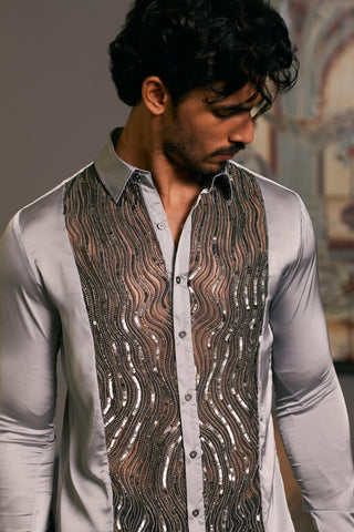 Steel Embroidered Tuxedo Panel Shirt by Siddartha Tytler Men, available on Indiaspopup.com