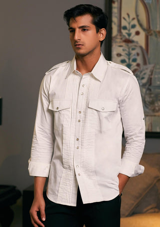 Ivory Cotton Satin Pintuck Shirt by Siddartha Tytler Men, available on Indiaspopup.com