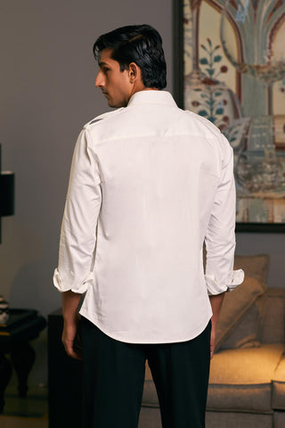 Ivory Cotton Satin Pintuck Shirt by Siddartha Tytler Men, available on Indiaspopup.com