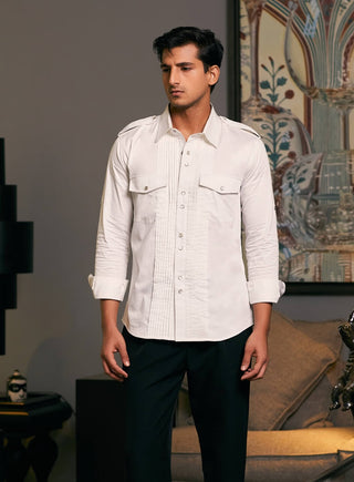 Ivory Cotton Satin Pintuck Shirt by Siddartha Tytler Men, available on Indiaspopup.com