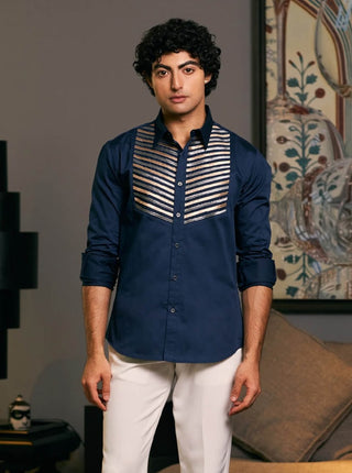 Navy Blue Metallic Strip Shirt by Siddartha Tytler Men, available on Indiaspopup.com