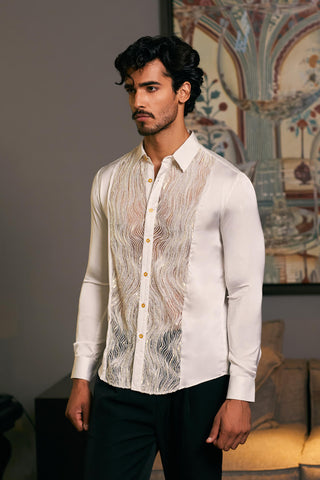 Ivory Embroidered Tuxedo Panel Shirt by Siddartha Tytler Men, available on Indiaspopup.com