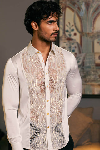 Ivory Embroidered Tuxedo Panel Shirt by Siddartha Tytler Men, available on Indiaspopup.com