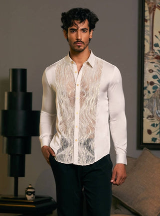 Ivory Embroidered Tuxedo Panel Shirt by Siddartha Tytler Men, available on Indiaspopup.com