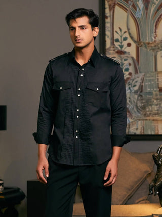 Black Cotton Satin Pintuck Shirt by Siddartha Tytler Men, available on Indiaspopup.com