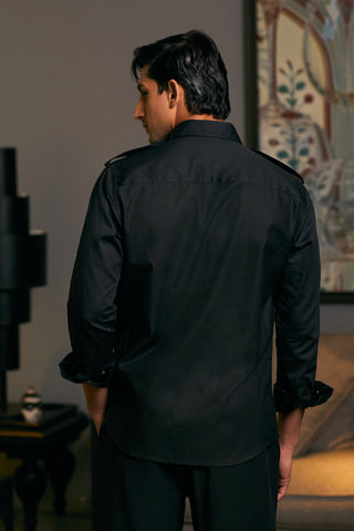 Black Cotton Satin Pintuck Shirt by Siddartha Tytler Men, available on Indiaspopup.com