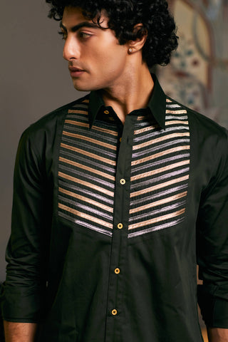 Olive Metallic Strip Shirt by Siddartha Tytler Men, available on Indiaspopup.com