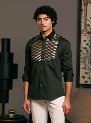 Olive Metallic Strip Shirt by Siddartha Tytler Men, available on Indiaspopup.com