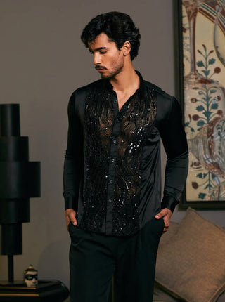 Black Embroidered Tuxedo Panel Shirt by Siddartha Tytler Men, available on Indiaspopup.com