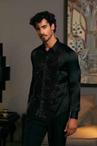 Black Embroidered Tuxedo Panel Shirt by Siddartha Tytler Men, available on Indiaspopup.com