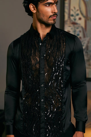 Black Embroidered Tuxedo Panel Shirt by Siddartha Tytler Men, available on Indiaspopup.com