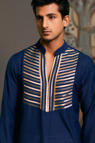 Navy Blue Metallic Strip Kurta by Siddartha Tytler Men, available on Indiaspopup.com