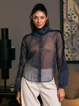 Navy Blue Textured Organza Shirt by Siddartha Tytler, available on Indiaspopup.com