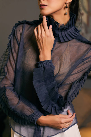 Navy Blue Textured Organza Shirt by Siddartha Tytler, available on Indiaspopup.com