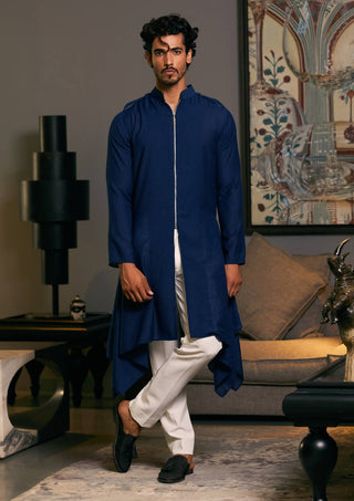 Midnight Blue Blended Linen Drape Kurta by Siddartha Tytler Men, available on Indiaspopup.com