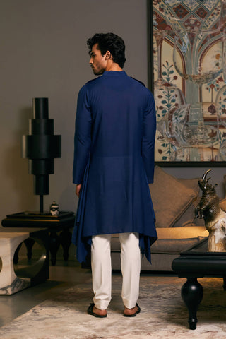 Midnight Blue Blended Linen Drape Kurta by Siddartha Tytler Men, available on Indiaspopup.com