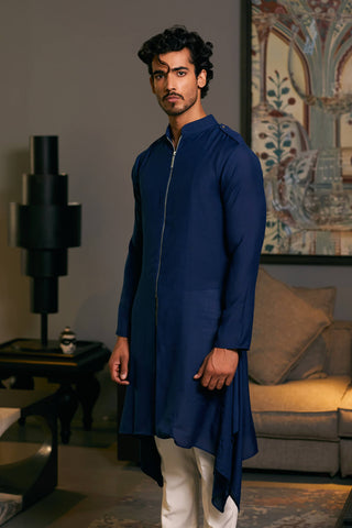 Midnight Blue Blended Linen Drape Kurta by Siddartha Tytler Men, available on Indiaspopup.com