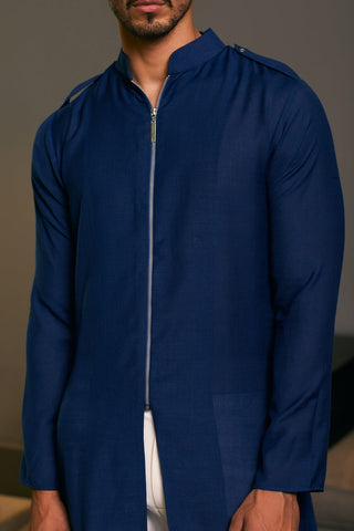 Midnight Blue Blended Linen Drape Kurta by Siddartha Tytler Men, available on Indiaspopup.com