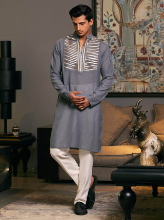 Steel Metallic Strip Kurta by Siddartha Tytler Men, available on Indiaspopup.com