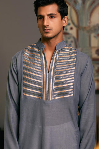 Steel Metallic Strip Kurta by Siddartha Tytler Men, available on Indiaspopup.com